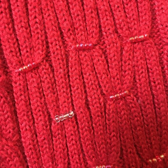 Vintage 80s Cherry Red Cable Knit Beaded Ribbed Sleeve Sweater - Picture 10 of 16